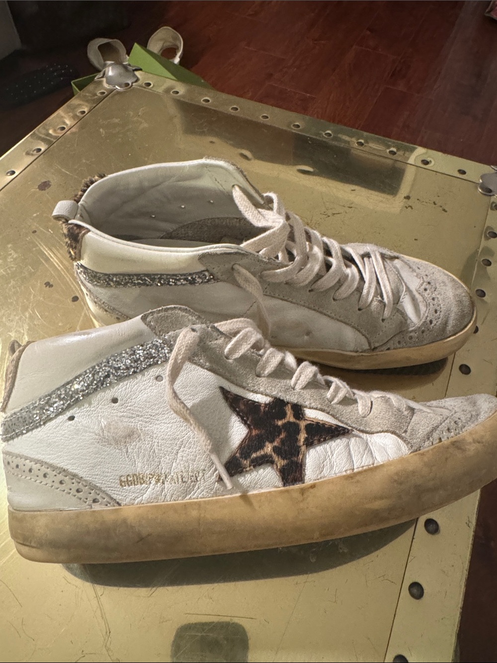 White Leather High-Top Sneakers with Leopard Star and Silver Glitter - Picture 1 of 7